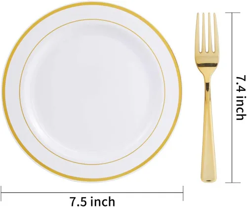 Miniatura 5 de Nervure 140 platos de plástico dorado festoneado y cubiertos de plástico dorado con mango blanco: 40 platos, 20 tazas, 20 tenedores, 20 cuchillos