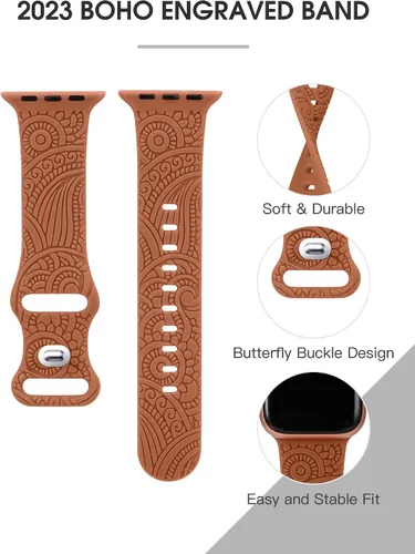 Miniatura 2 de TOYOUTHS Correa deportiva de silicona suave y elegante con estilo bohemio y grabado compatible con Apple Watch Band de 42/44/45/46/49mm para mujeres