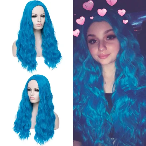 Peluca ondulada azul de 24 pulgadas de largo para mujer, pelucas de fibra resistentes al calor, para Halloween, cosplay, fiesta diaria + gorra (azul)