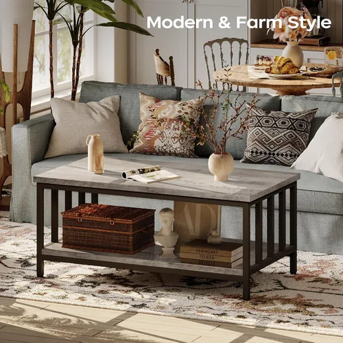Miniatura 4 de Homeiju - Mesa de café para sala de estar con marco lateral a lamas, mesa moderna de granja para sala de estar con estante de almacenamiento de 2