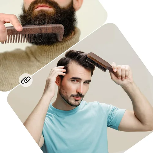 Miniatura 3 de GAINWELL Juego de peine de pelo para hombre, cepillo de cerdas de jabalí con cerdas rígidas para cabello grueso, mango de sándalo dorado de nogal
