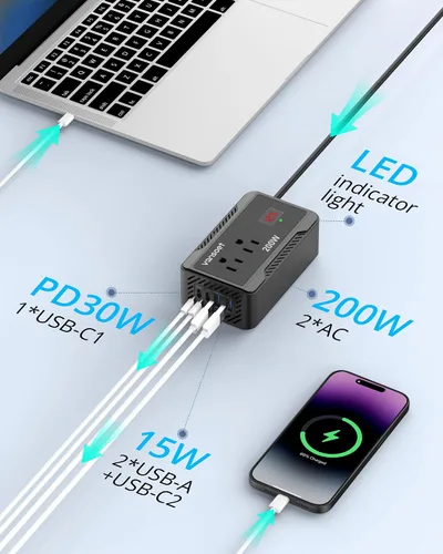 Miniatura 2 de Inversor de corriente de 200W para automóvil, DC 12V a 110V AC, convertidor con [PD 30W y 15W] USB C de carga rápida/3.0A, puertos de carga USB