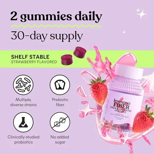 Miniatura 8 de Lemme Gomitas de fibra y probióticos para adultos, promueve la regularidad y la salud digestiva, sin azúcar añadido, sabor a fresa sin azúcar, 0.11
