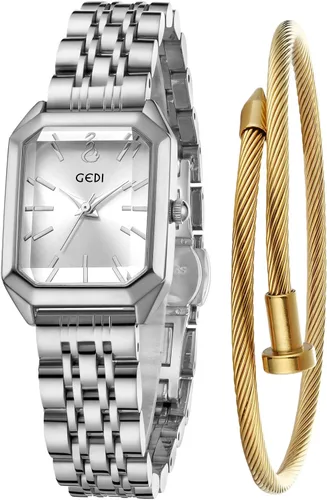 Miniatura 10 de FANMIS Juego de reloj de pulsera y brazalete para mujer en tono dorado, reloj de vestir casual simple con esfera cuadrada, correa sólida de acero