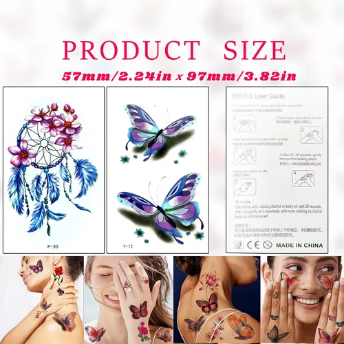 Miniatura 8 de 60 hojas de tatuajes temporales de flores 3D de mariposas para mujeres y niñas, calcomanías de tatuaje de rosas coloridas, impermeables