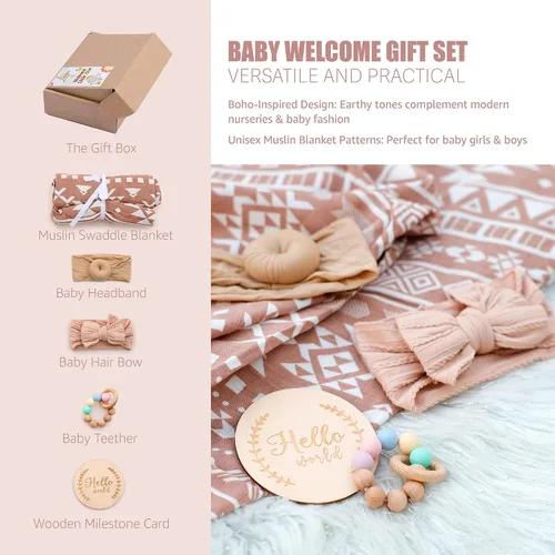 Miniatura 2 de Set de regalo para niña – 5 piezas para baby shower con manta de muselina para envolver, mordedor de madera, diademas y tarjeta de hito de Hello