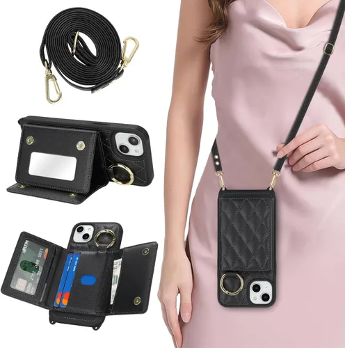 Miniatura 28 de Funda para iPhone 14 Plus con tarjetero y correa para mujer, cordón cruzado, espejo de maquillaje, soporte de anillo, cierre a presión, bonitas Rosa
