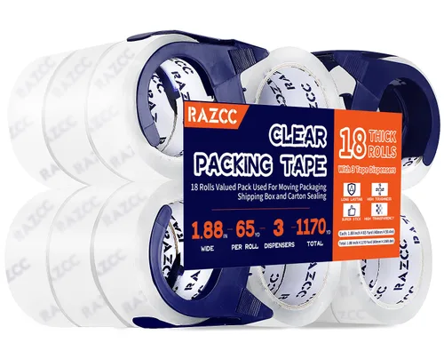 Miniatura 9 de RAZCC Cinta de embalaje, 12 rollos de cinta de embalaje transparente resistente con dispensadores para embalaje, envío, mudanza y correo, cinta