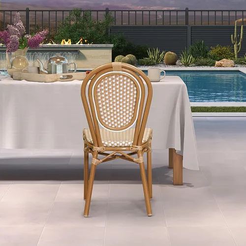 Miniatura 14 de PURPLE LEAF Juego de 1 silla de comedor al aire libre, marco de aluminio francés en acabado de bambú con ratán tejido ámbar y blanco para cocina