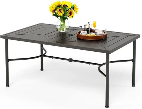 Miniatura 10 de PHI VILLA Mesa rectangular de comedor con listones de acero metálico para 6 personas con agujero ajustable para paraguas, resistente a la intemperie