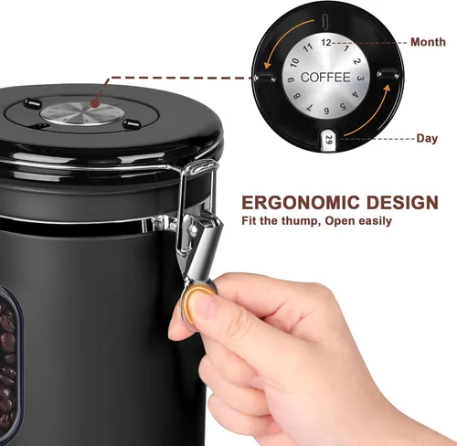 Miniatura 3 de Recipiente de café hermético de 60.9 fl oz con rastreador de fecha y ventana transparente, recipiente de café de 22.8 onzas líquidas con cuchara