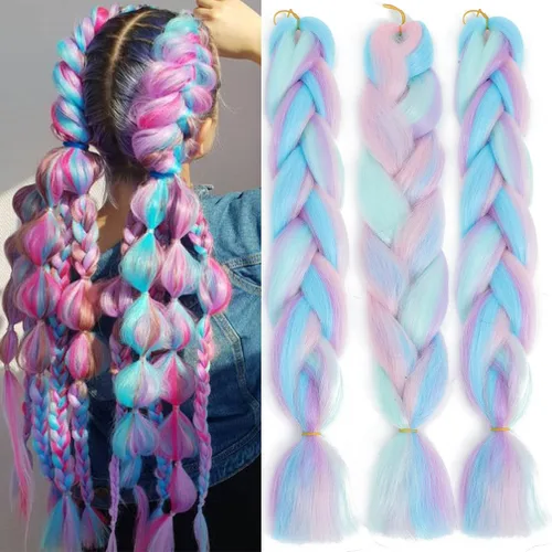 Paquete de 3 extensiones de cabello trenzado de arco iris de 24 pulgadas, mezcla de cuatro colores para trenzas, trenzas de caja jumbo de fibra