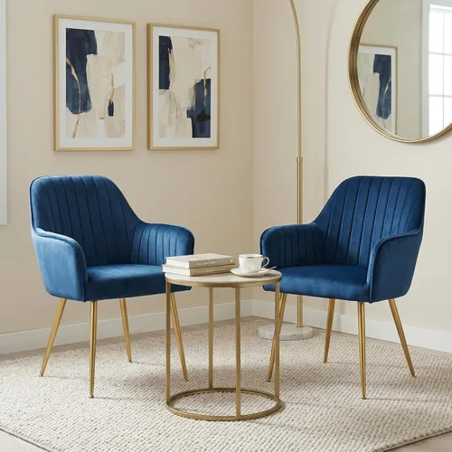 Miniatura 3 de Juego de 2 sillas de comedor de terciopelo, sillas decorativas tapizadas con patas chapadas en oro para sillas de sala de estar (azul)