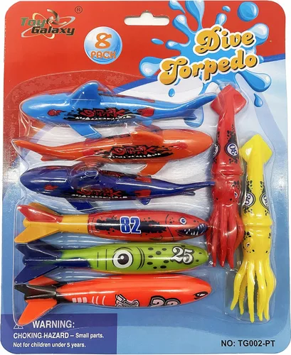 Miniatura 6 de Haktoys Juego de juguetes de buceo para piscina con torpedo de tiburón submarino, juguetes de buceo de calamar y sumideros de entrenamiento