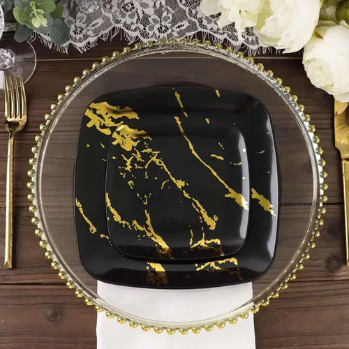 Miniatura 9 de Efavormart - Paquete de 10 platos cuadrados desechables de plástico para ensalada de 8 pulgadas, diseño de mármol negro y dorado, platos de fiesta