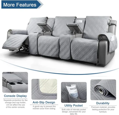 Miniatura 4 de TAOCOCO Fundas de sofá reclinable 100% impermeables con consola, fundas de sofá para sofá reclinable de 3 asientos con diseño de correas, funda