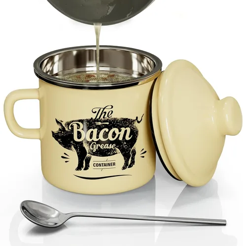 Miniatura 8 de PGYARD Mini Recipiente para Grasa de Tocino con Colador - Ahorrador de Grasa Esmaltado de 15 OZ, Guardador de Grasa de Tocino Estilo Granja