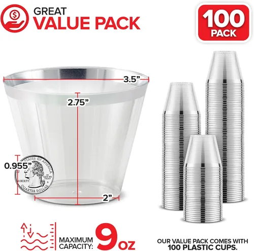 Miniatura 2 de Stock Your Home Vasos de plástico desechables con borde plateado de 9 onzas (paquete de 100) elegantes vasos para fiestas, bodas, vacaciones, vasos