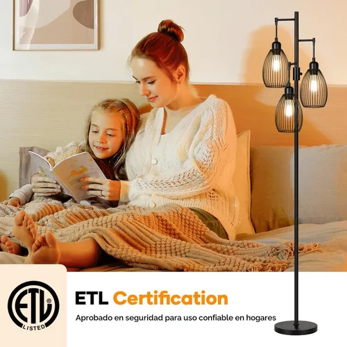 Miniatura 6 de Lámpara de pie regulable, 3 bombillas LED Edison de 800LM incluidas, lámpara de pie industrial de granja lámpara de árbol de pie con elegante jaula