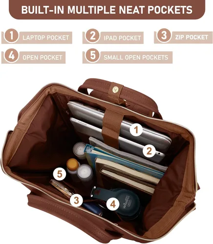 Miniatura 3 de Kah&Kee - Mochila de cuero con compartimento para laptop, ideal para viajes, escuela, para mujeres y hombres, Marrón), PU1211