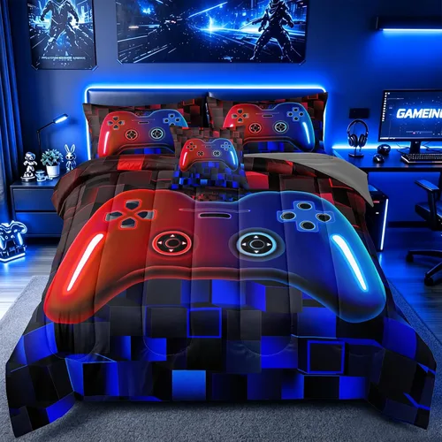Miniatura 14 de Juego de ropa de cama de 5 piezas con estampado de videojuegos tamaño individual para niños, niñas, adolescentes, ropa de cama de 5 piezas en una