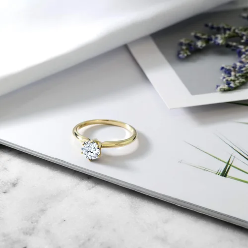 Miniatura 37 de Anillo de compromiso solitario con piedra preciosa redonda de oro amarillo de 14 quilates de 0.236 in para mujer Ajuste clásico de 6 puntas