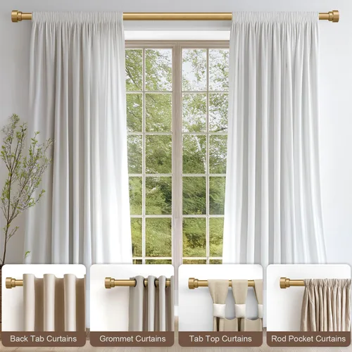 Miniatura 3 de Lootkell Barras de cortina modernas doradas para ventanas de 48 a 84 pulgadas, longitud ajustable, resistente, 1 pulgada de diámetro, con remates