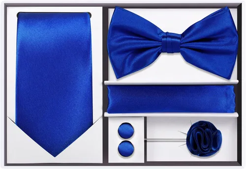 Miniatura 6 de TIE G 5pcs Tie Set in Gift BOX WHITE OR BLACK Solid Color Necktie, Satin Bow Tie, Pocket Square, Lapel, Cuff Links