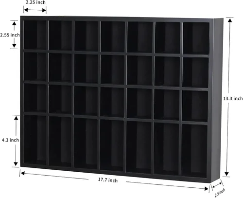 Miniatura 7 de Vitrina negra de 18 x 13 pulgadas, madera maciza montada en la pared, 28 ranuras, estante pequeño para gabinete Curio (sin puerta)