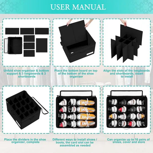 Miniatura 6 de Luvhomee Organizador de almacenamiento de zapatos, se adapta a 16 pares, caja organizadora de zapatos grande para armario, contenedores plegables