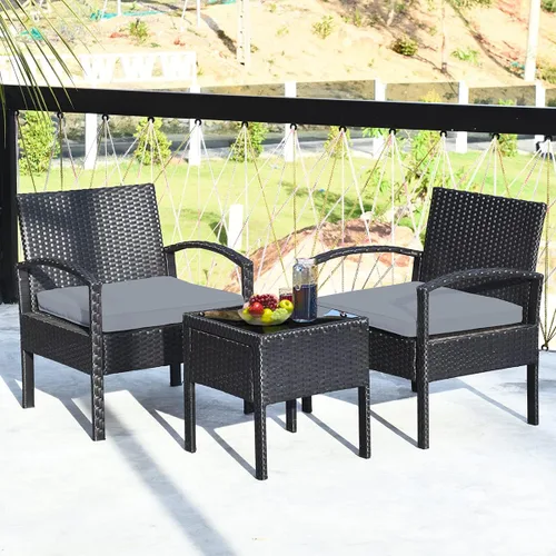Miniatura 4 de Tangkula Juego de 3 piezas para conversación de patio, juego de sofá de ratán al aire libre con cojines de asiento y mesa auxiliar, juego de muebles