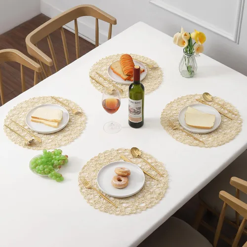 Miniatura 4 de IcosaMro Juego de 6 manteles individuales redondos color beige para mesa de comedor, de 15 pulgadas, tejido de papel, manteles individuales