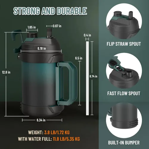 Miniatura 8 de Zukro Jarra de agua de 1 galón, botella de agua grande con aislamiento de triple pared de un galón con popote y boquilla, mantiene el frío 48 horas