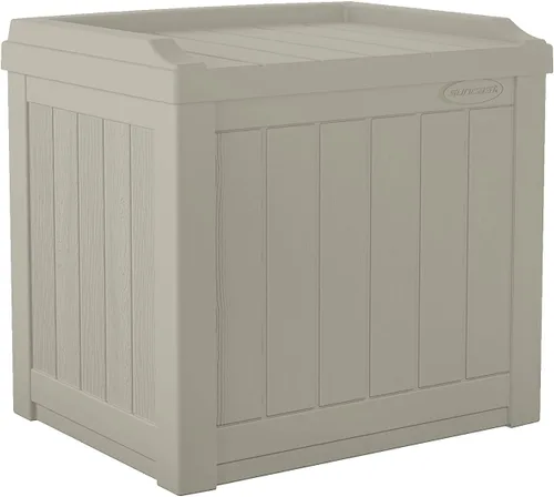 Suncast Caja de Almacenamiento para Exteriores - Caja de Cubierta Exterior de Resina Color Gris Pardo Claro de 22 Galones con Asiento, Contenedor de