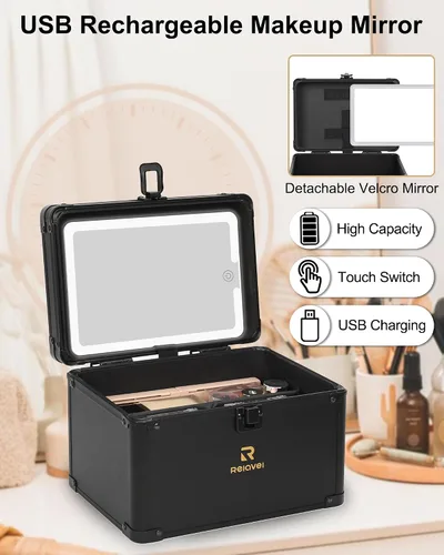 Miniatura 6 de Relavel Estuche de maquillaje con espejo LED, 01-Negro, Bolsa de maquillaje de viaje con espejo LED para niñas