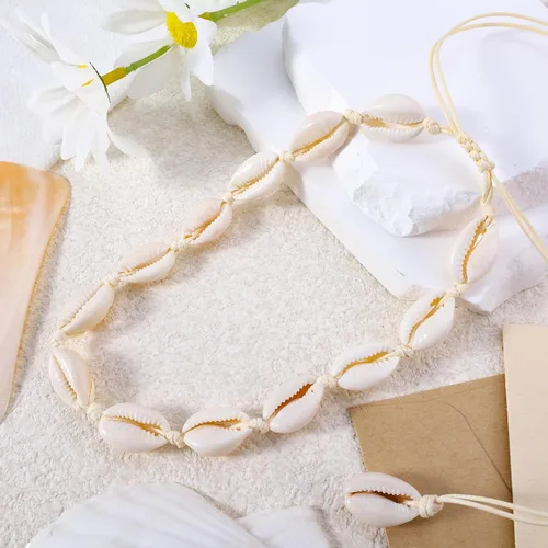 Miniatura 6 de Juego de collar y pulsera de concha natural para mujer, hecho a mano, gargantilla ajustable con concha natural