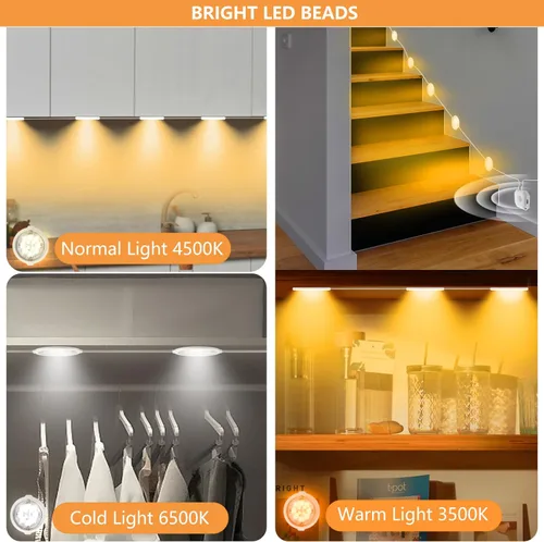 Miniatura 5 de Sensor de movimiento de luz LED para debajo del gabinete, 6 discos de 3 colores de apagado automático debajo de la encimera, luz blanca cálida