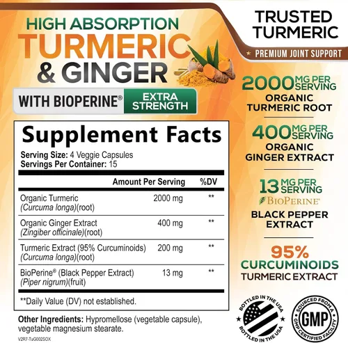 Miniatura 2 de Suplemento de curcumina de cúrcuma – 2000 mg de cúrcuma orgánica por porción – 95% curcuminoides, jengibre y pimienta negra BioPerine para una mejor
