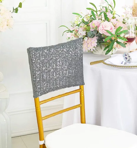Miniatura 6 de Chiavari - 5 fundas para sillas Chiavari, con lentejuelas, elastano, elásticas, para bodas, fiestas, banquetes, eventos, color marfil