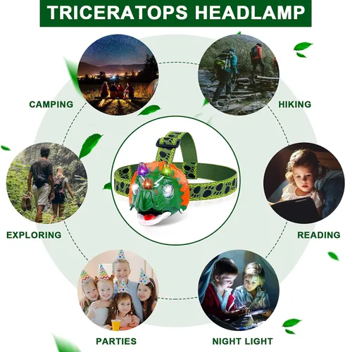 Miniatura 6 de Triceratops - Linterna frontal LED de dinosaurio para niños, artículos esenciales de equipo de campamento Linterna de cabeza de juguete de Verde