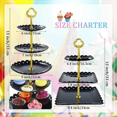 Miniatura 2 de Honeydak 3 juegos de bandejas de 3 niveles para servir postres de 3 niveles, soporte de postre de boda, soporte de plástico de polipropileno
