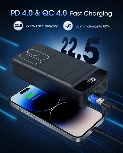 Miniatura 10 de Cargador Portátil 60000mAh Banco de Energía - Carga Rápida 22.5W Paquete de Batería Externa, Pantalla LED USB C Cargador de Teléfono Celular