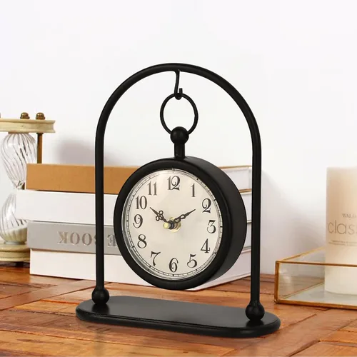 Reloj de mesa vintage de metal, reloj de mesa de granja, pequeño reloj de mesa negro silencioso sin tictac que funciona con pilas para decoración de