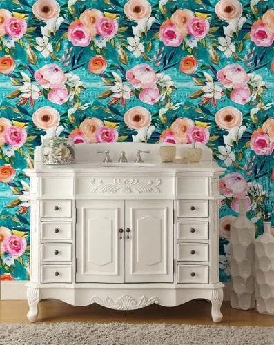 Miniatura 2 de HAOKHOME Papel tapiz floral para despegar y pegar, verde azulado/rosa, extraíble, texturizado, para decoración de dormitorio, guardería, 17.7
