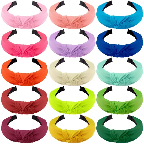 Miniatura 8 de SIQUK 15 diademas de turbante con nudo en la parte superior con nudo cruzado de tela ancha para mujeres y niñas Multi colorido