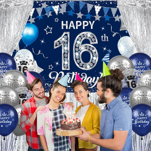 Miniatura 4 de Decoraciones de cumpleaños número 16 para niños y niñas, 131 unidades, azul marino, plateado, suministros para fiesta de cumpleaños de 16 años