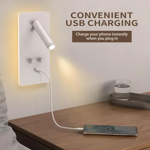 Miniatura 6 de M04 - Apliques regulables para montaje en pared, luz de lectura, lámpara de noche con puerto USB, enchufable, lámparas de pared con cable duro