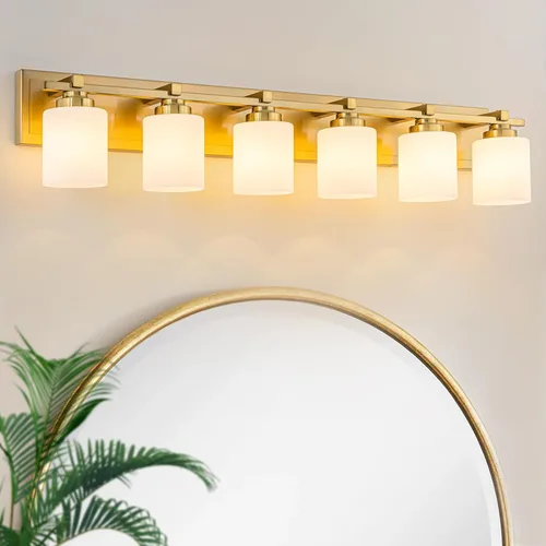 Miniatura 17 de 1 Luminaria Moderna de Baño sobre Espejo, Luces de Tocador Negro Dorado para Apliques de Pared de Baño con Pantallas de Vidrio Blanco Lechoso