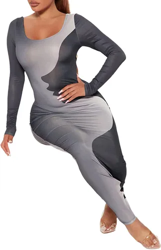Miniatura 6 de Vestido largo ajustado de manga larga Y2k con cuello cuadrado para mujer, vestido de cóctel con estampado de cara de retazos