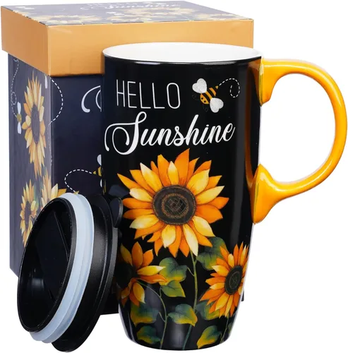 Taza de viaje de cerámica de girasol de Topadorn con tapa y caja de regalo a juego, taza de café latte, 17oz. Hola, sol